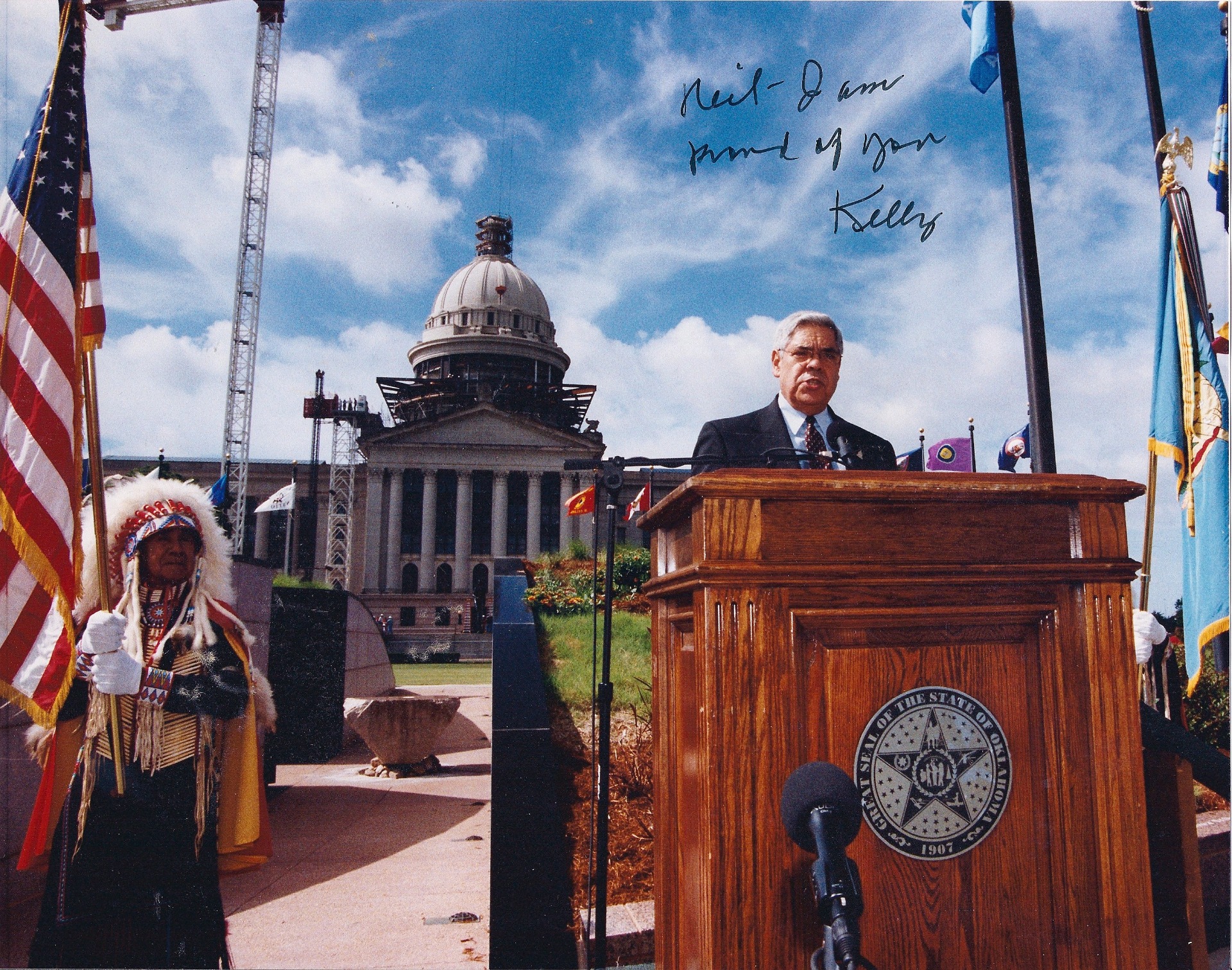Neal McCaleb as emcee at the introduction of the Guardian statue on the Oklahoma State Capitol dome, 2002. Courtesy Oklahoma Hall of Fame Archives.