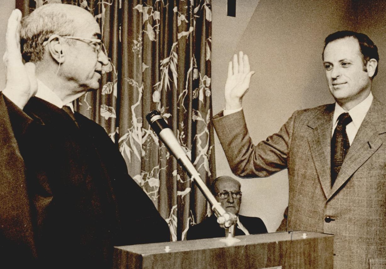 William G. Paul taking the oath of office as the new Oklahoma Bar Association President, 1976. Courtesy Oklahoma Historical Society.